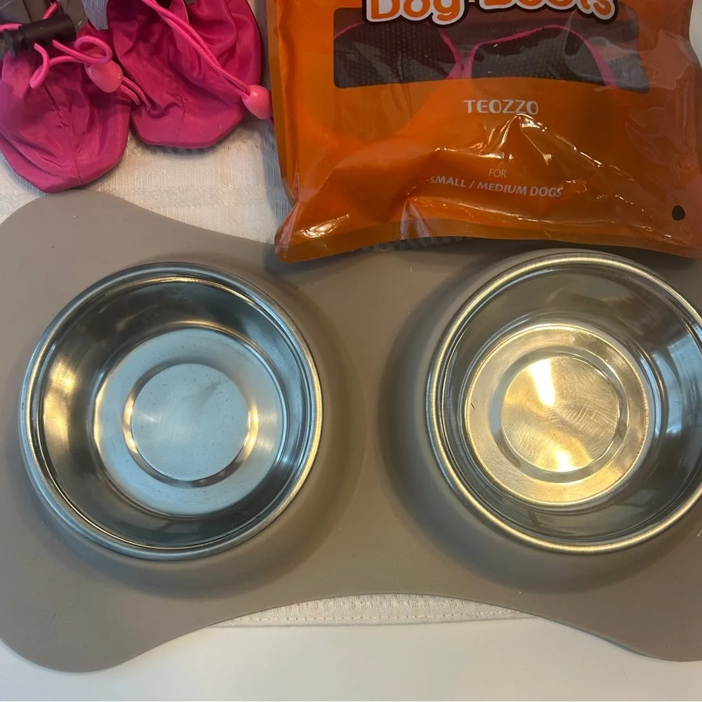 Puppy Starter Bowl Sets Rain Boots & Sweater Used Sanitized